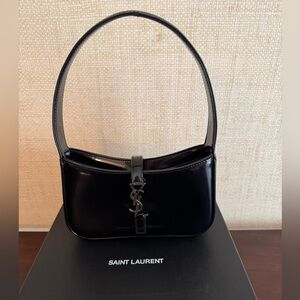 Saint Laurent Mini Le 5 à 7 Black Patent Bag with Silver Hardware Shoulder